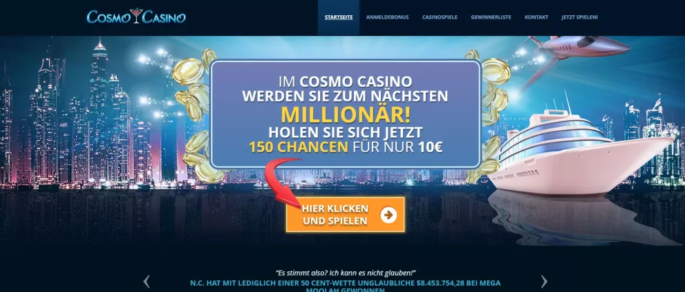 Cosmo Casino Willkommensbonus – 100% bis 500€ + 200 Free Spins ab 10€ Einzahlung
